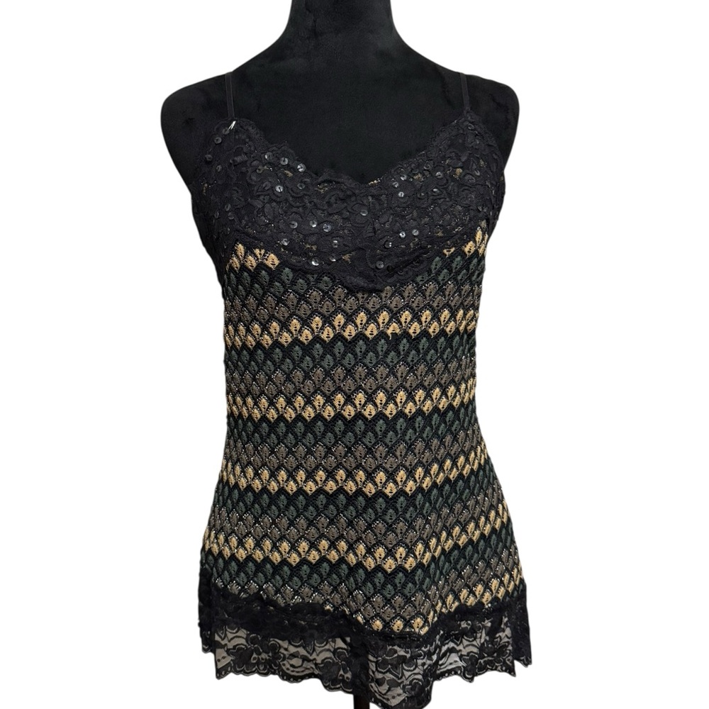 ING Diamond Patterned Cami Top with Lace Trim & Neckline - Size L